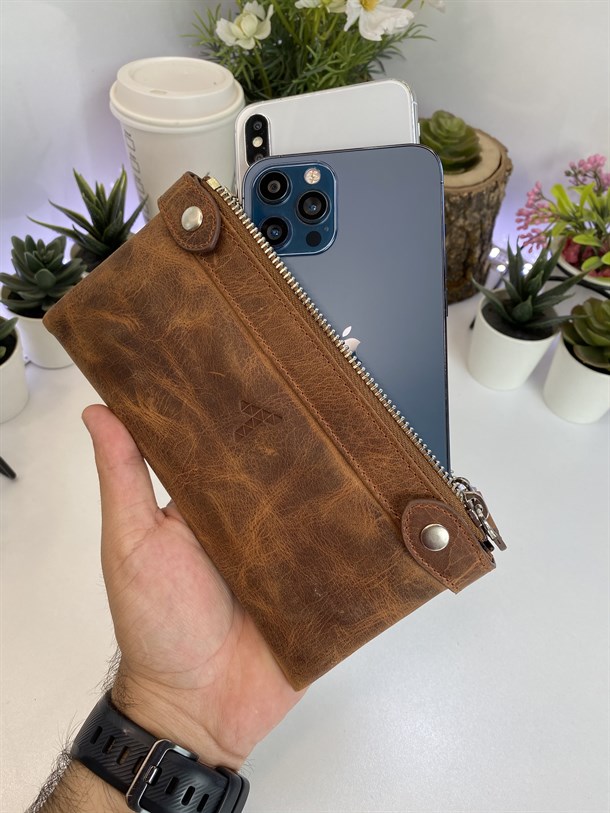 ANTHONY CRAZY BROWN GENUINE LEATHER  DUBLE PHONE WALLET