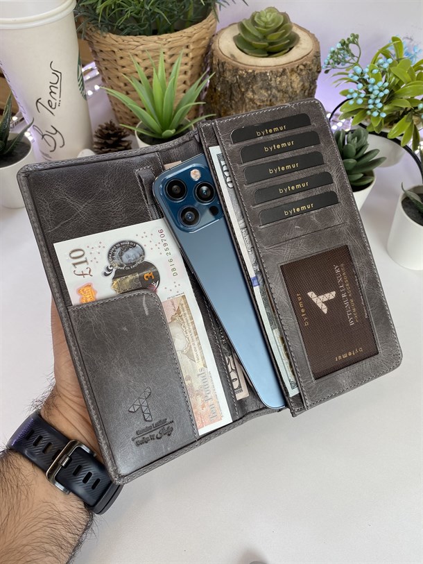 LUCCA GREY  GENUINE LEATHER PHONE WALLET + CARD HOLDER