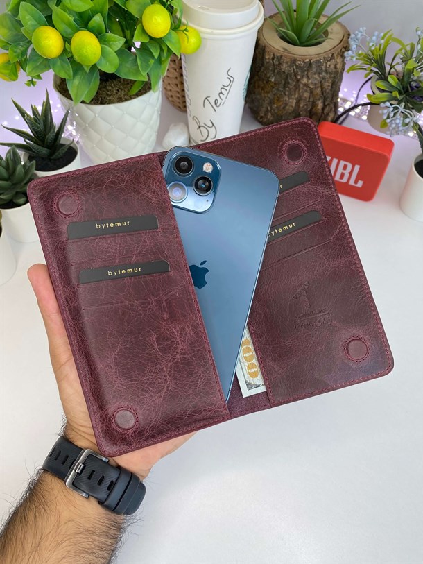 MICHAEL CLARET RED MAGNETIC GENUINE LEATHER PHONE WALLET