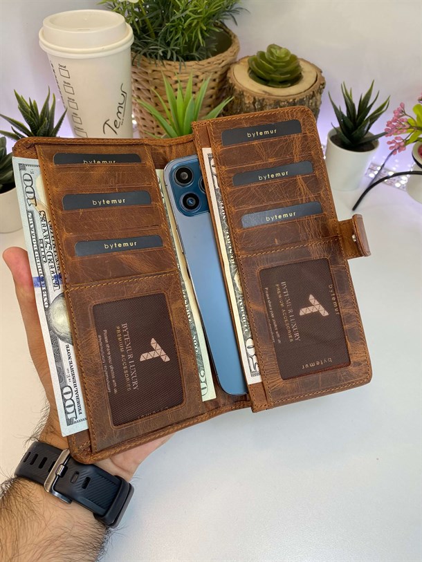 PAUL CRAZY BROWN GENUINE LEATHER PHONE WALLET