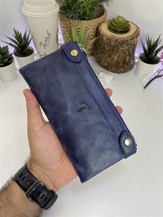 ANTHONY  DARKBLUE GENUINE LEATHER DOUBLE PHONE WALLET