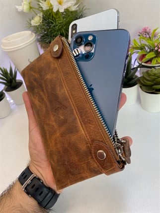 ANTHONY CRAZY BROWN GENUINE LEATHER  DUBLE PHONE WALLET
