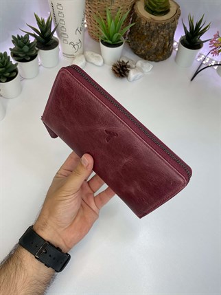PUCKET  CLARET RED GENUINE LEATHER PHONE WALLET