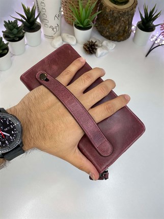 PUCKET  CLARET RED GENUINE LEATHER PHONE WALLET