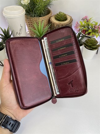 TEDDY CLARET RED GENUINE LEATHER PHONE WALLET